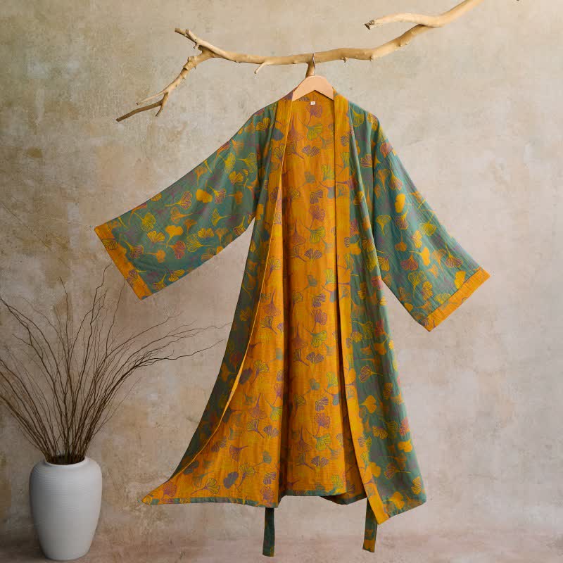 Kimono in garza di cotone Ginkgo Biloba - Verde e arancione - 2XL - image 1