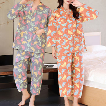 Completo sauna e loungewear in cotone con foglie di ginkgo - image 0