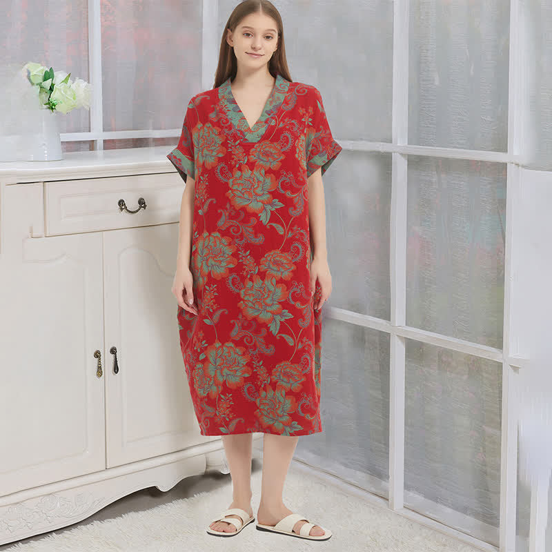 Camicia da notte floreale in garza di cotone a doppio strato - Rosso - XL - image 0