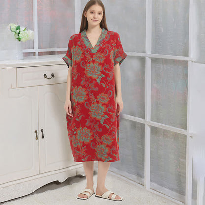 Camicia da notte floreale in garza di cotone a doppio strato - Rosso - XL - image 0