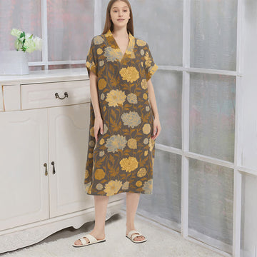Camicia da notte vintage con scollo a V in jacquard di peonie - Grigio e giallo - XL - image 0