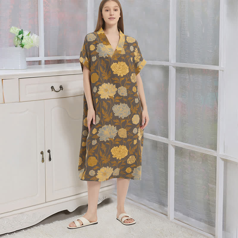 Camicia da notte vintage con scollo a V in jacquard di peonie - Grigio e giallo - XL - image 0