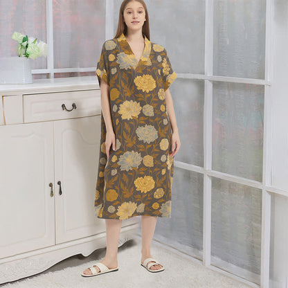 Camicia da notte vintage con scollo a V in jacquard di peonie - Grigio e giallo - XL - image 0