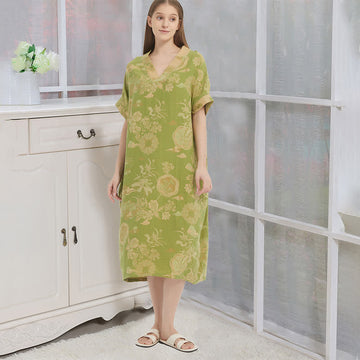 Camicia da notte in caftano a doppia garza di cotone floreale - Verde - XL - image 0