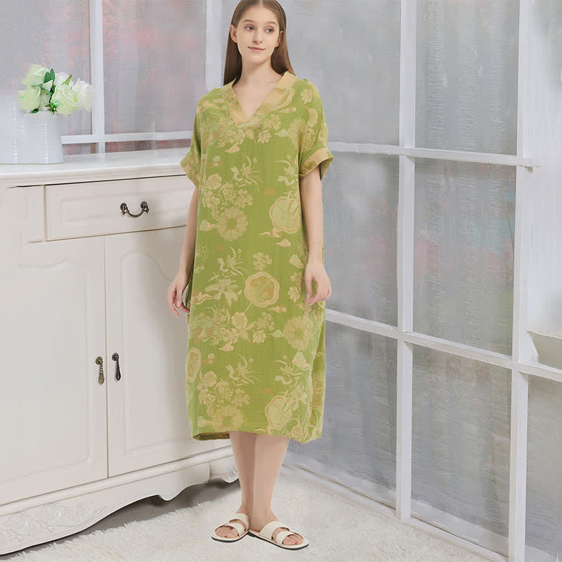 Camicia da notte in caftano a doppia garza di cotone floreale - Verde - XL - image 0