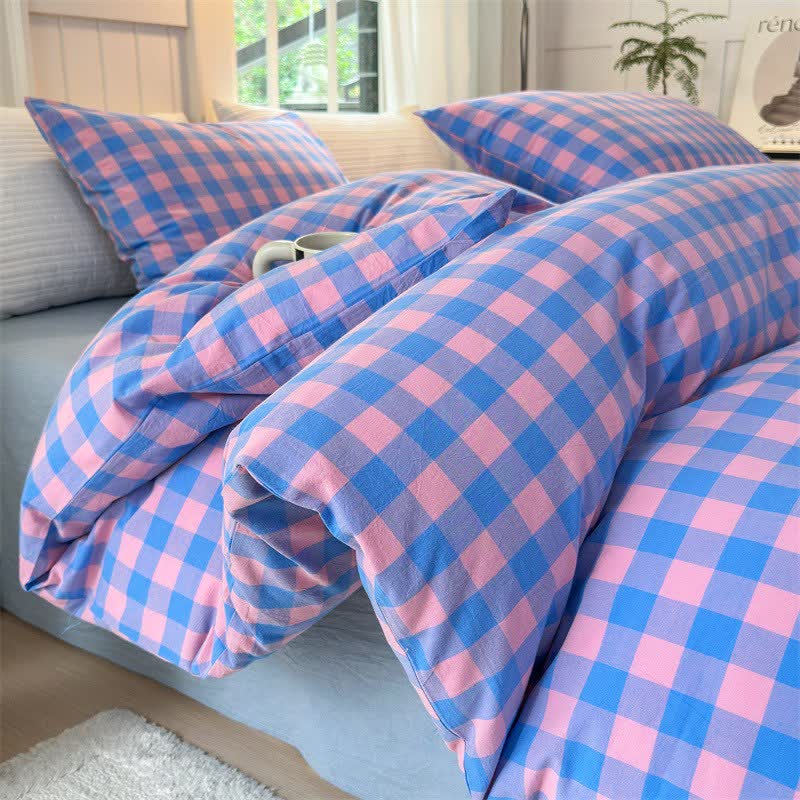 Set di biancheria da letto in puro cotone con motivo a scacchi - Blu e viola - Set di biancheria da letto - Matrimoniale Grande - image 5