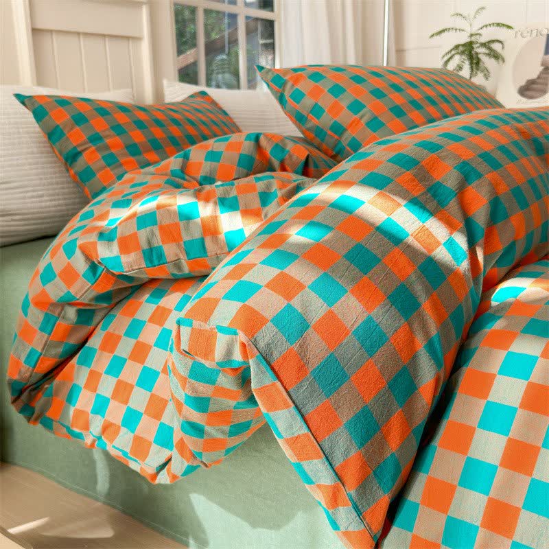 Set di biancheria da letto in puro cotone con motivo a scacchi - Arancione e verde - Set di biancheria da letto - Matrimoniale Grande - image 10
