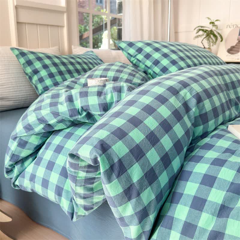 Set di biancheria da letto in puro cotone con motivo a scacchi - Blu e verde - Set di biancheria da letto - Matrimoniale Grande - image 6