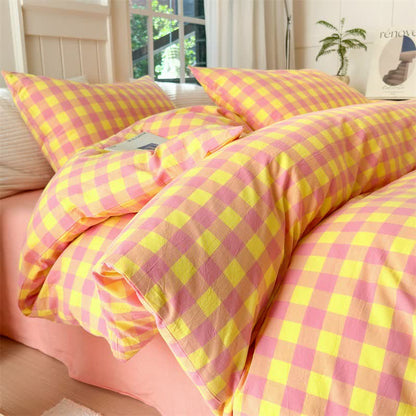 Set di biancheria da letto in puro cotone con motivo a scacchi - Rosa e giallo - Set di biancheria da letto - Matrimoniale Grande - image 9