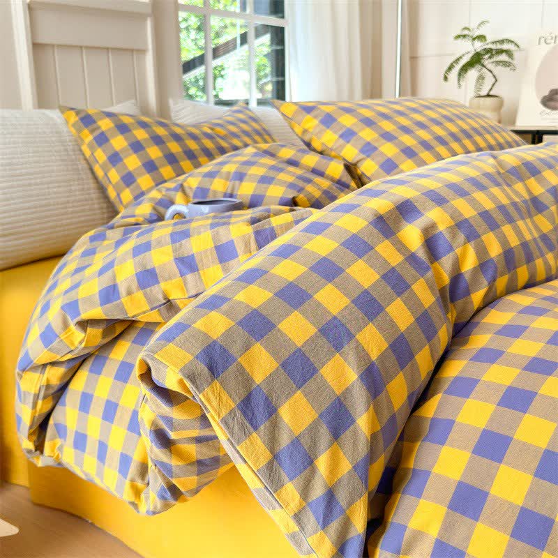 Set di biancheria da letto in puro cotone con motivo a scacchi - Viola e giallo - Set di biancheria da letto - Matrimoniale Grande - image 7