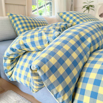 Set di biancheria da letto in puro cotone con motivo a quadri - Blu e giallo - Set di biancheria da letto - Matrimoniale Grande - image 0