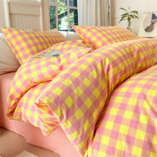 Set di biancheria da letto in puro cotone con motivo a quadri - Rosa e giallo - Set di biancheria da letto - Matrimoniale Grande - image 0