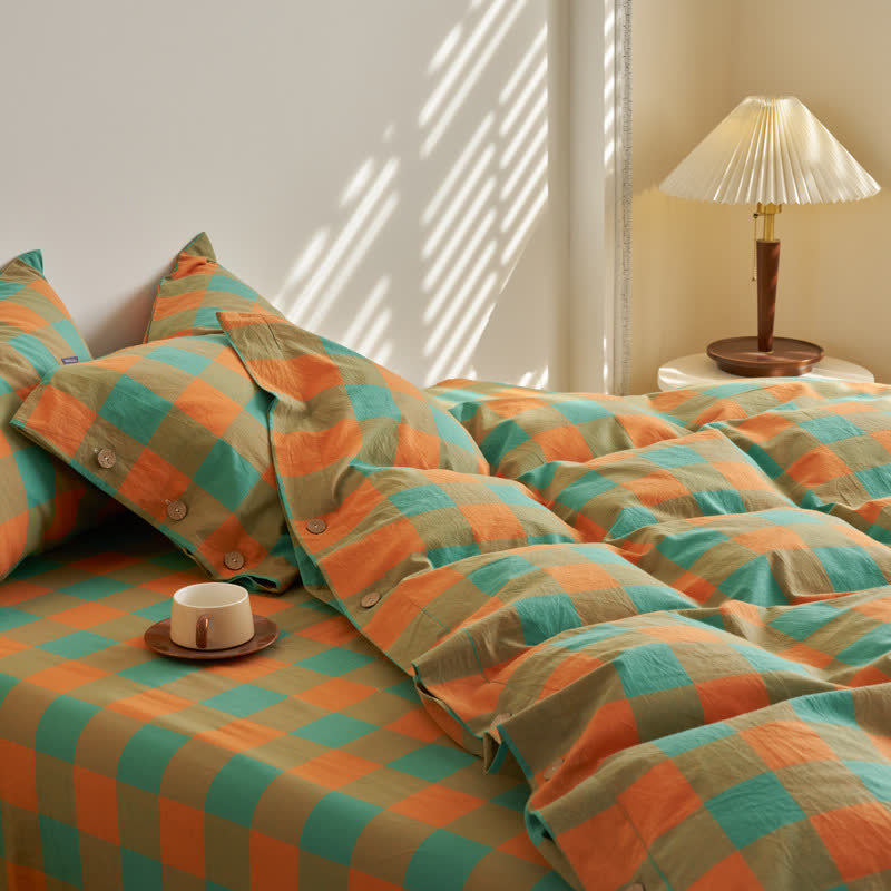 Set di biancheria da letto in cotone a quadri con chiusura a bottoni - image 2