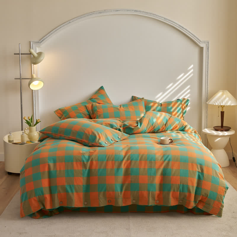 Set di biancheria da letto in cotone a quadri con chiusura a bottoni - image 1