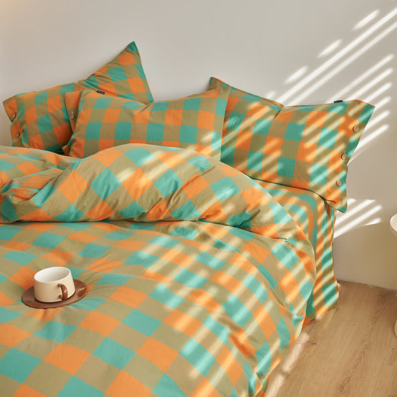 Set di biancheria da letto in cotone a quadri con chiusura a bottoni - image 3