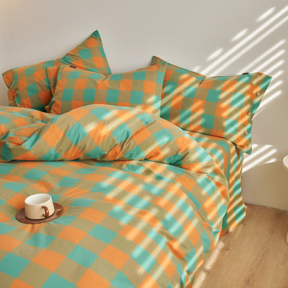 Set di biancheria da letto in cotone a quadri con chiusura a bottoni - image 3