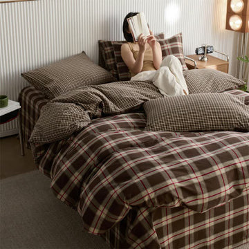 Set di biancheria da letto in cotone a quadri di grandi dimensioni - Caffè - Matrimoniale Grande - image 0