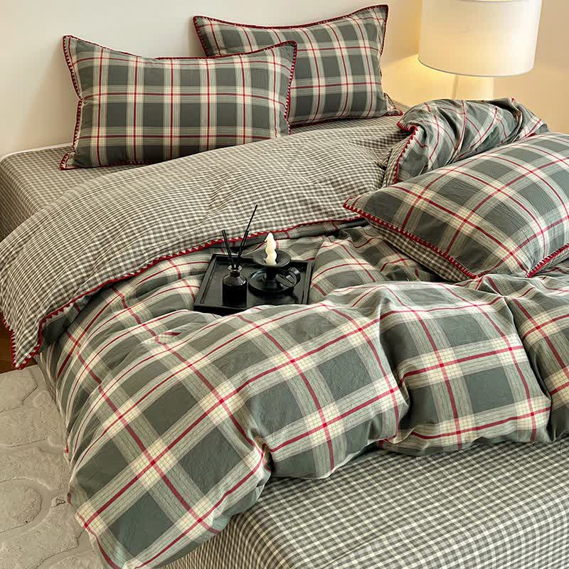 Set di biancheria da letto reversibile in cotone a quadri vintage - Verde - Matrimoniale Grande - image 1