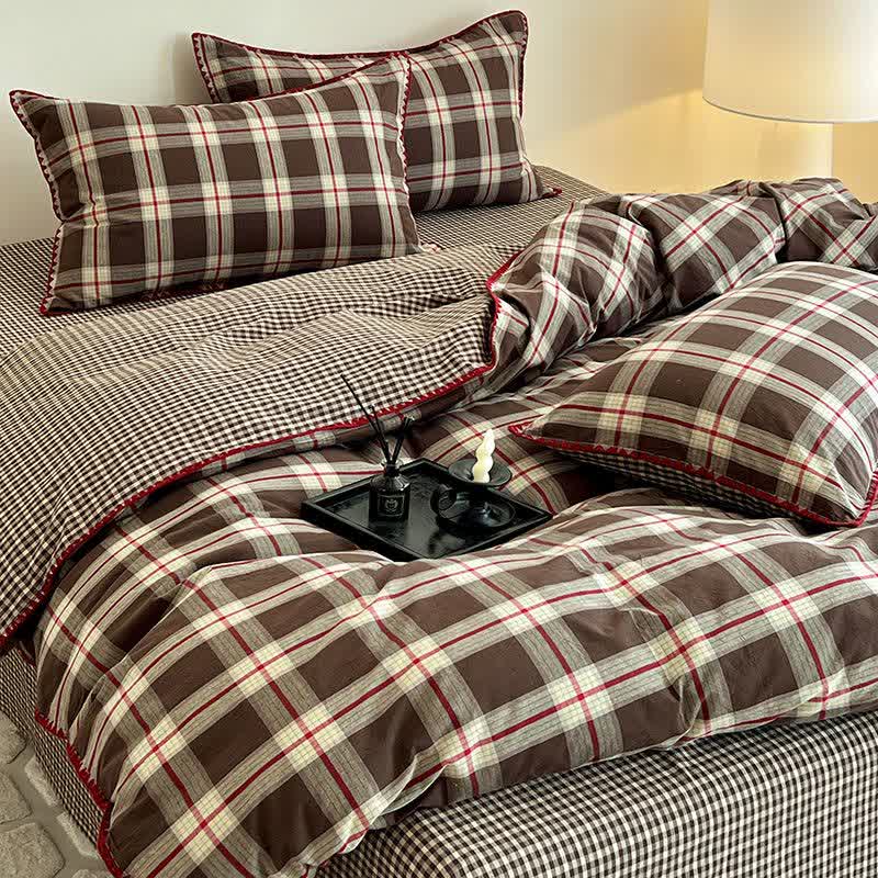 Set di biancheria da letto reversibile in cotone a quadri vintage - Caffè - Matrimoniale Grande - image 5