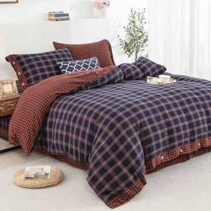 Set di biancheria da letto in garza di cotone a quadri in stile retrò con bottoni (4 pezzi) - image 1