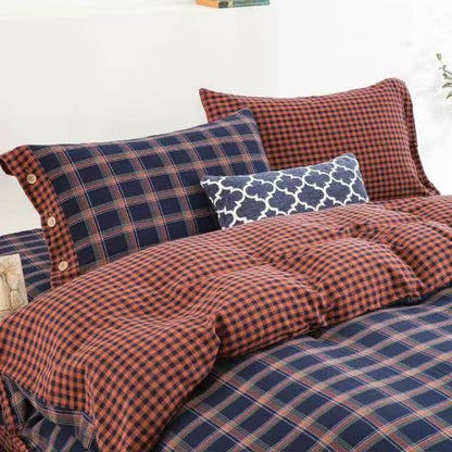 Set di biancheria da letto in garza di cotone a quadri in stile retrò con bottoni (4 pezzi) - image 2
