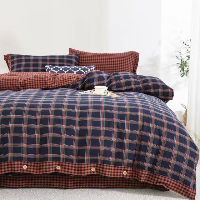 Set di biancheria da letto in garza di cotone a quadri in stile retrò con bottoni (4 pezzi) - Matrimoniale Grande - image 0