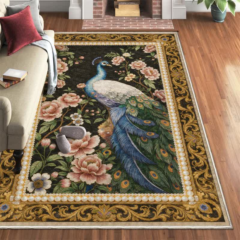 Elegante tappeto antiscivolo con motivo floreale a pavone - Nero e giallo - 95" x 119" - image 0