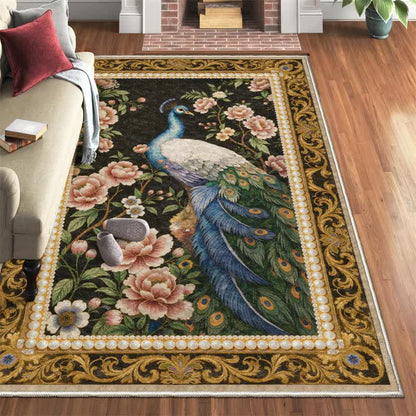 Elegante tappeto antiscivolo con motivo floreale a pavone - Nero e giallo - 95" x 119" - image 0
