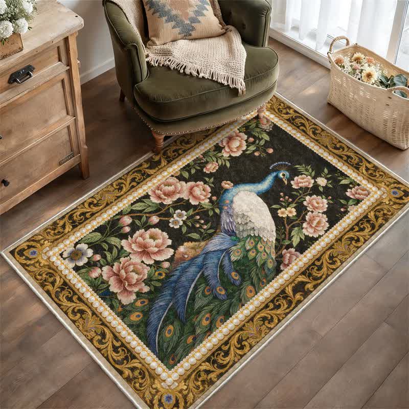 Elegante tappeto antiscivolo con motivo floreale a pavone - image 1