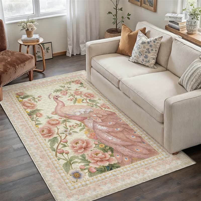 Elegante tappeto antiscivolo con motivo floreale a pavone - Rosa chiaro - 95" x 119" - image 20