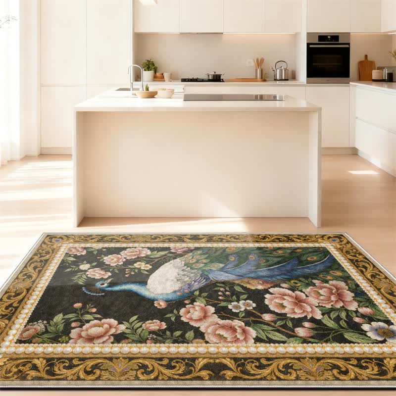 Elegante tappeto antiscivolo con motivo floreale a pavone - image 3