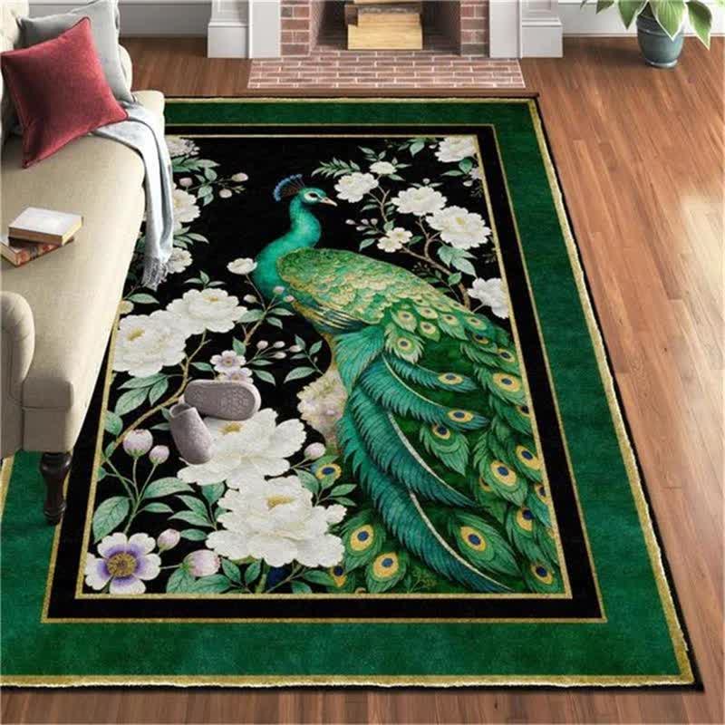 Elegante tappeto antiscivolo con motivo floreale a pavone - Verde scuro - 95" x 119" - image 7