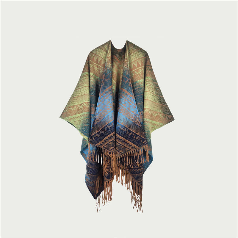 Coperta scialle con frange geometriche vintage sfumate - Marina - 150cm x 120cm - image 2