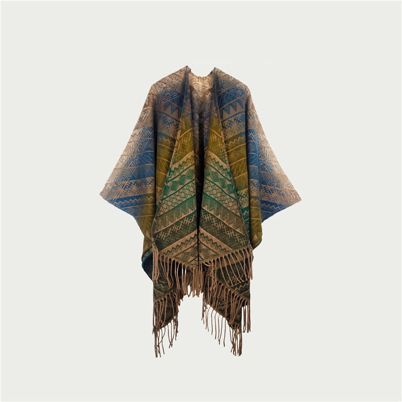 Coperta scialle con frange geometriche vintage sfumate - Verde - 150cm x 120cm - image 3