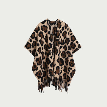 Coperta scialle con frange e stampa leopardata moderna - Cammello - 150cm x 120cm - image 0