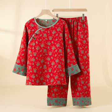 Completo da notte in cotone con rose vintage orientali - Rosso - 2XL - image 0