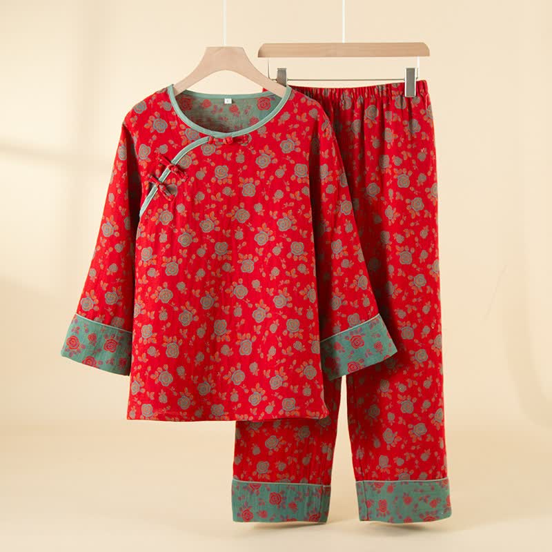 Completo da notte in cotone con rose vintage orientali - Rosso - 2XL - image 0