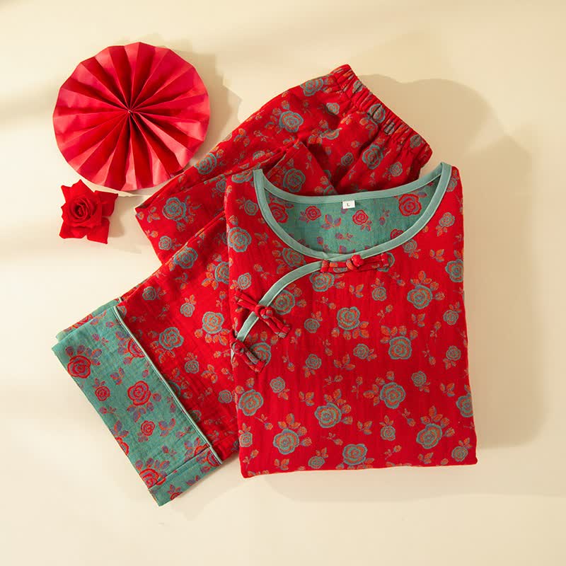 Completo da notte in cotone con rose vintage orientali - image 1