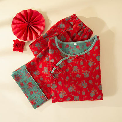 Completo da notte in cotone con rose vintage orientali - image 1