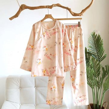Completo da notte in cotone con foglie rosa orientali - Beige - XL - image 0