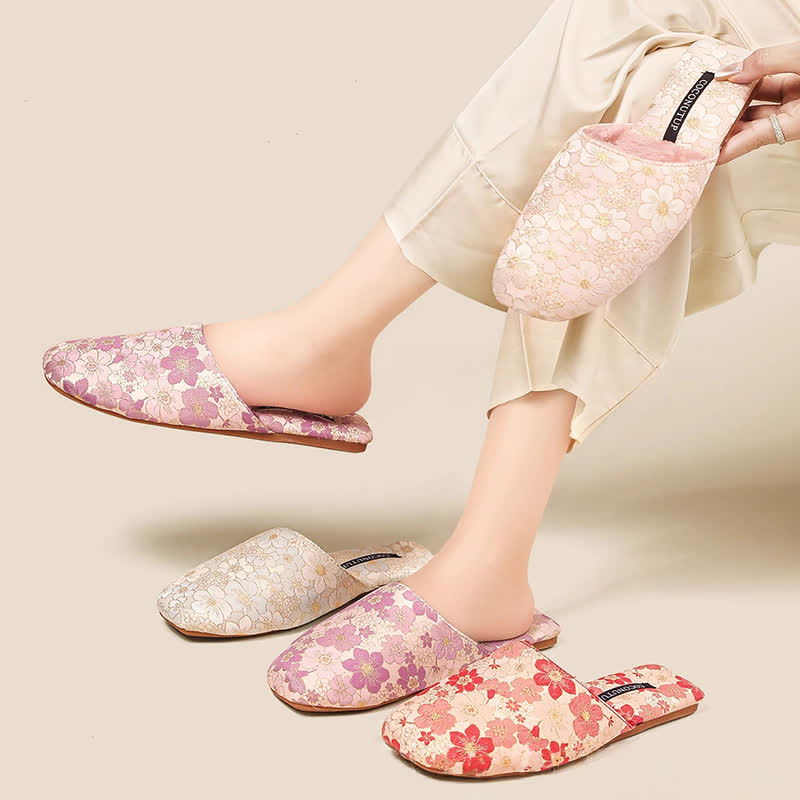 Pantofole di peluche jacquard con fiori di pesco orientali - image 0