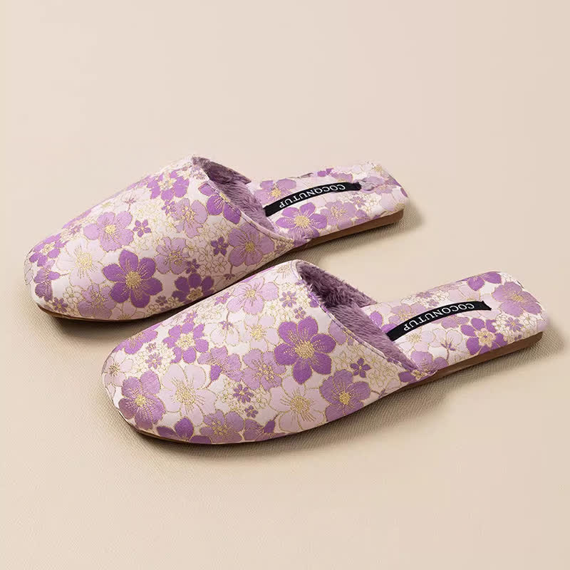 Pantofole di peluche jacquard con fiori di pesco orientali - Viola - L - image 2