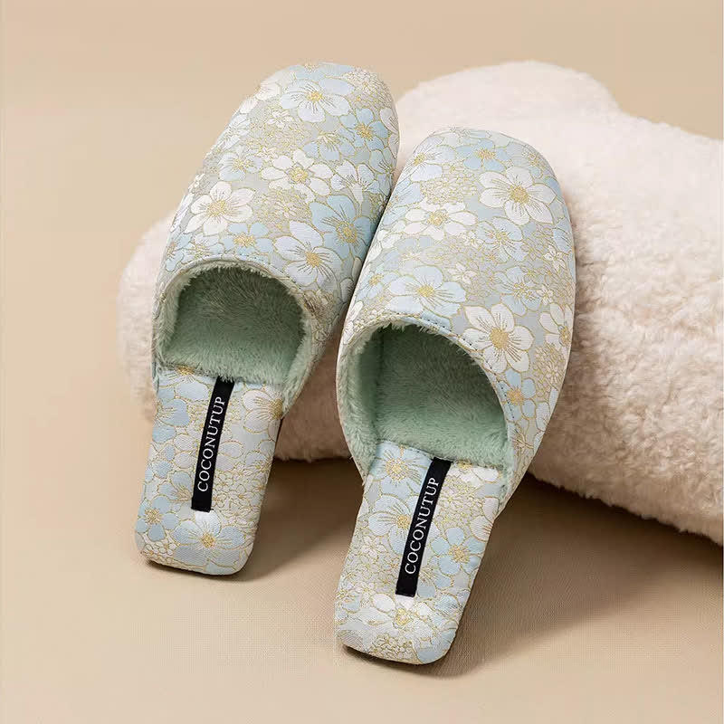Pantofole di peluche jacquard con fiori di pesco orientali - Verde - L - image 10