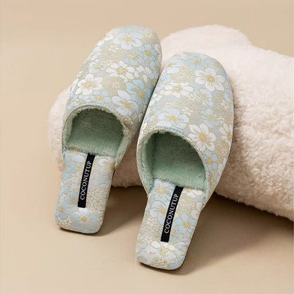 Pantofole di peluche jacquard con fiori di pesco orientali - Verde - L - image 10