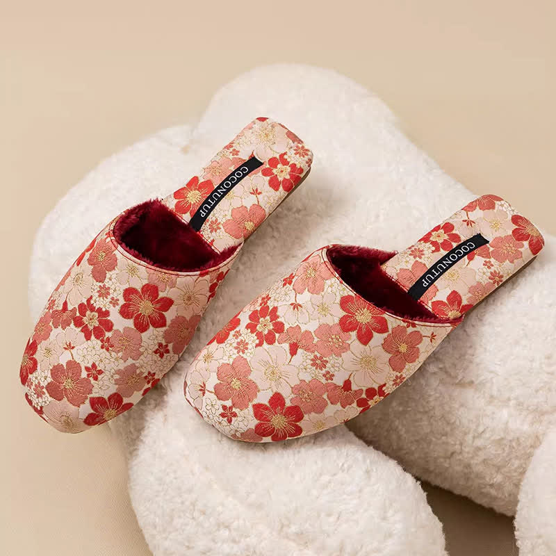 Pantofole di peluche jacquard con fiori di pesco orientali - Rosso - L - image 4