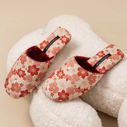 Pantofole di peluche jacquard con fiori di pesco orientali - Rosso - L - image 4