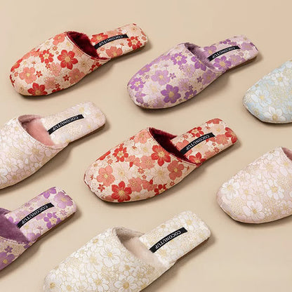 Pantofole di peluche jacquard con fiori di pesco orientali - image 1
