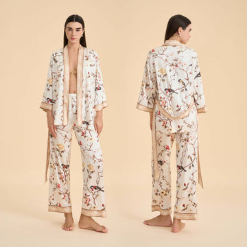 Completo da salotto kimono con uccelli floreali vintage - Beige - XL - image 0