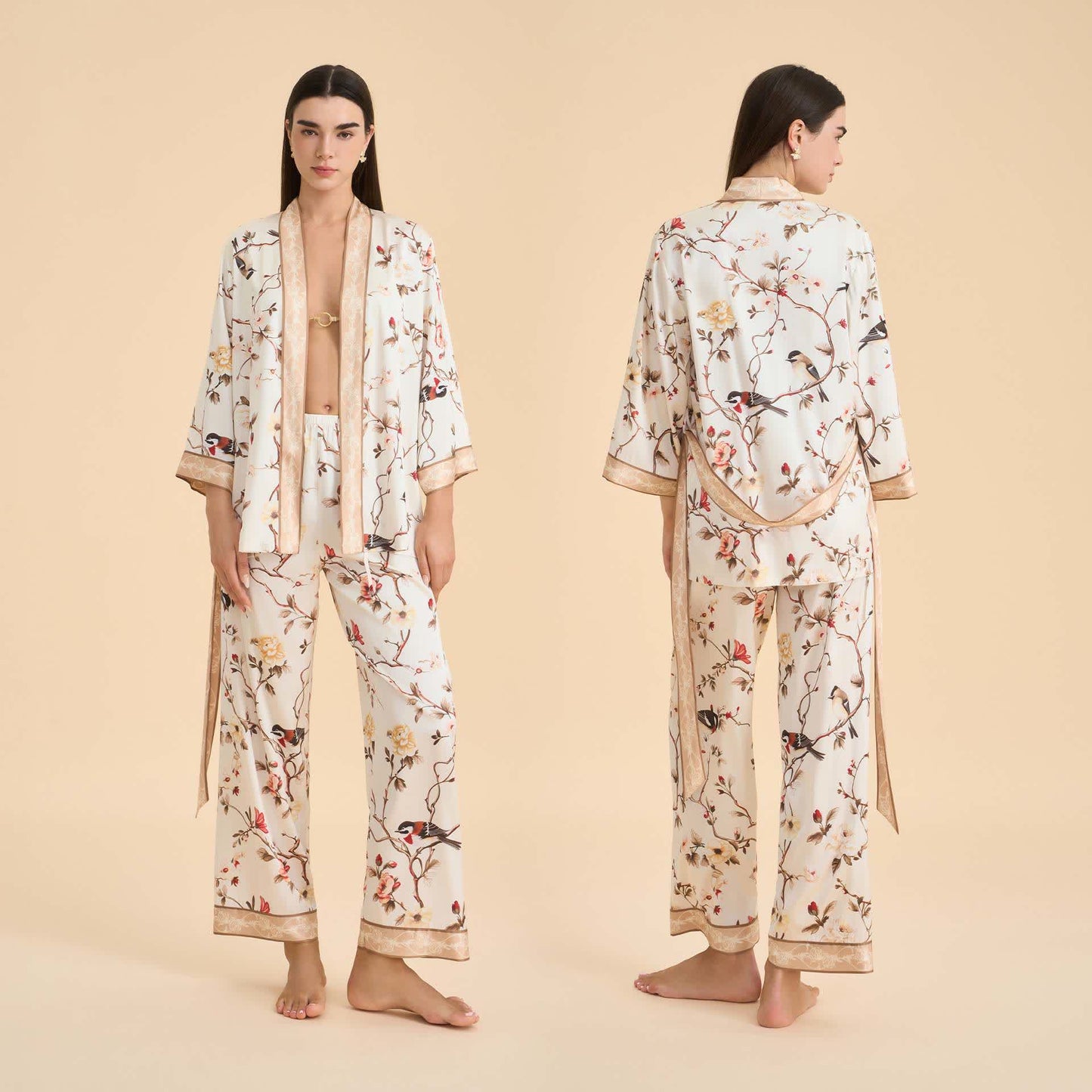 Completo da salotto kimono con uccelli floreali vintage - Beige - XL - image 0