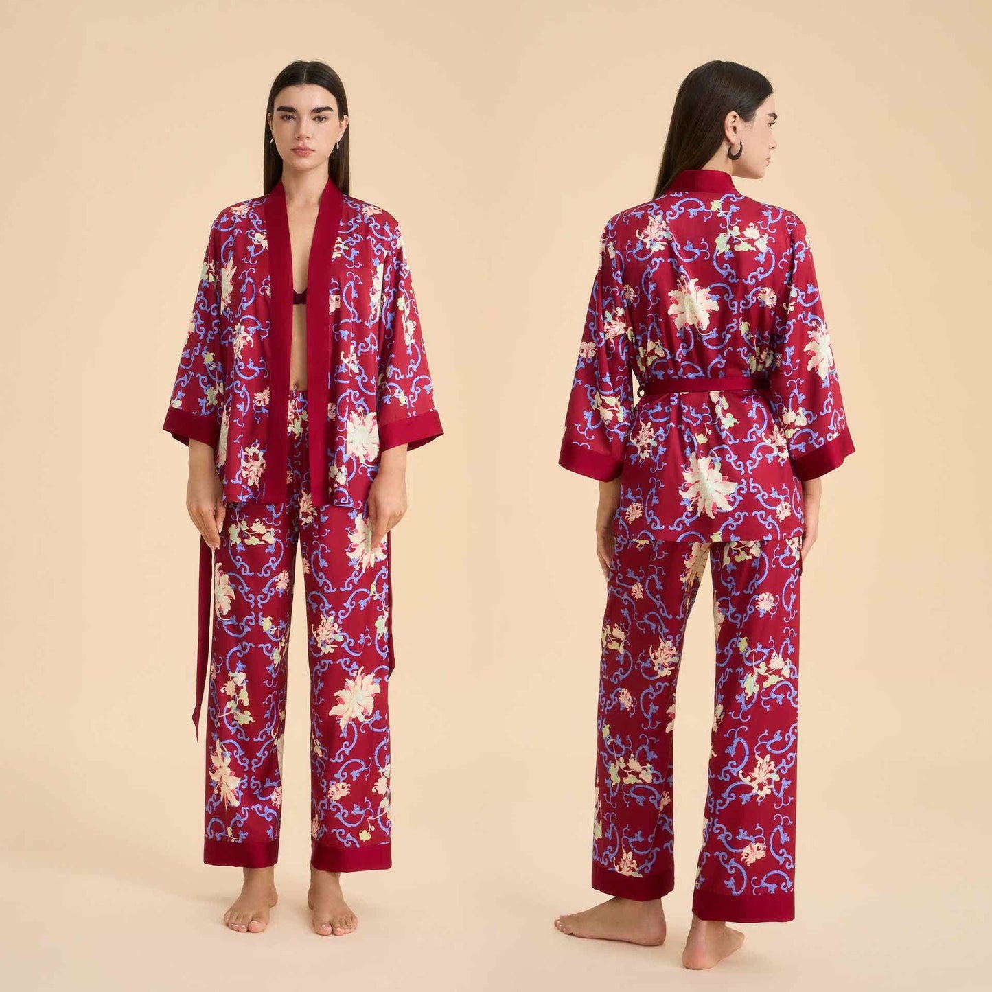 Completo da casa in stile kimono floreale retrò - Rosso - XL - image 0
